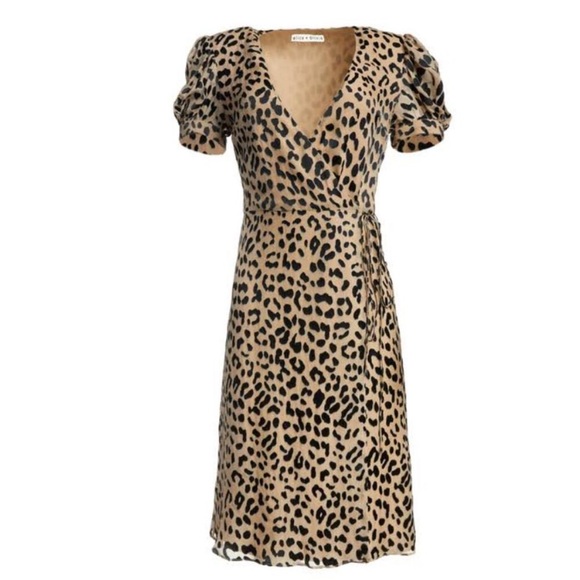 Alice + Olivia NWT Rosette Leopard Print Wrap Dress Sand/ Black Short Sleeve 6 - Picture 3 of 16